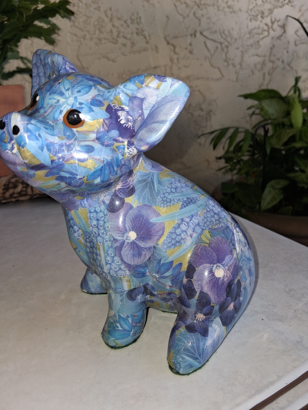 Decorative Blue Floral Ceramic Pig Figurine by - Picture 2 of 5